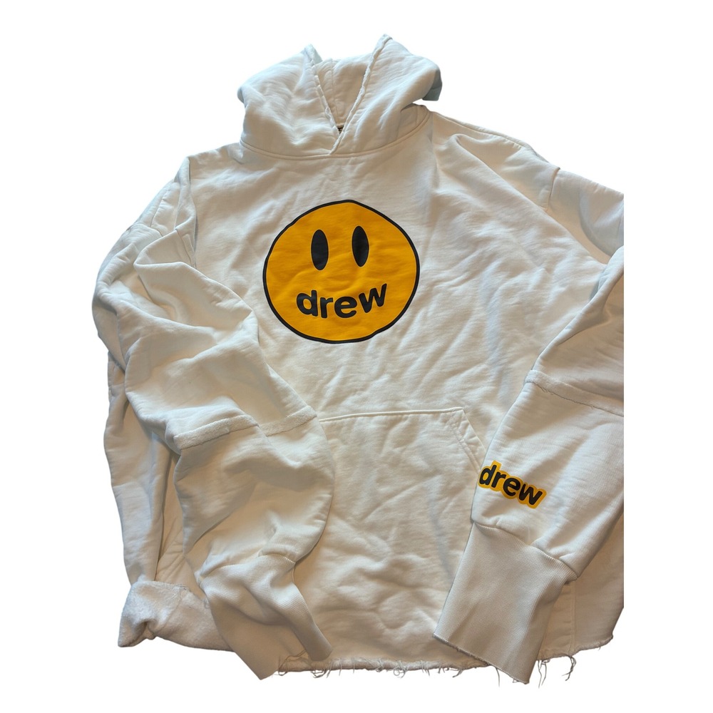 Drew House Mascot Deconstructed Hoodie White Yellow Smiley Face Logo frayed M - Picture 2 of 9